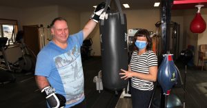 Peterborough’s Matthew Jones at a fitness session with TDHS Allied Health Assistant Tracey Heeps